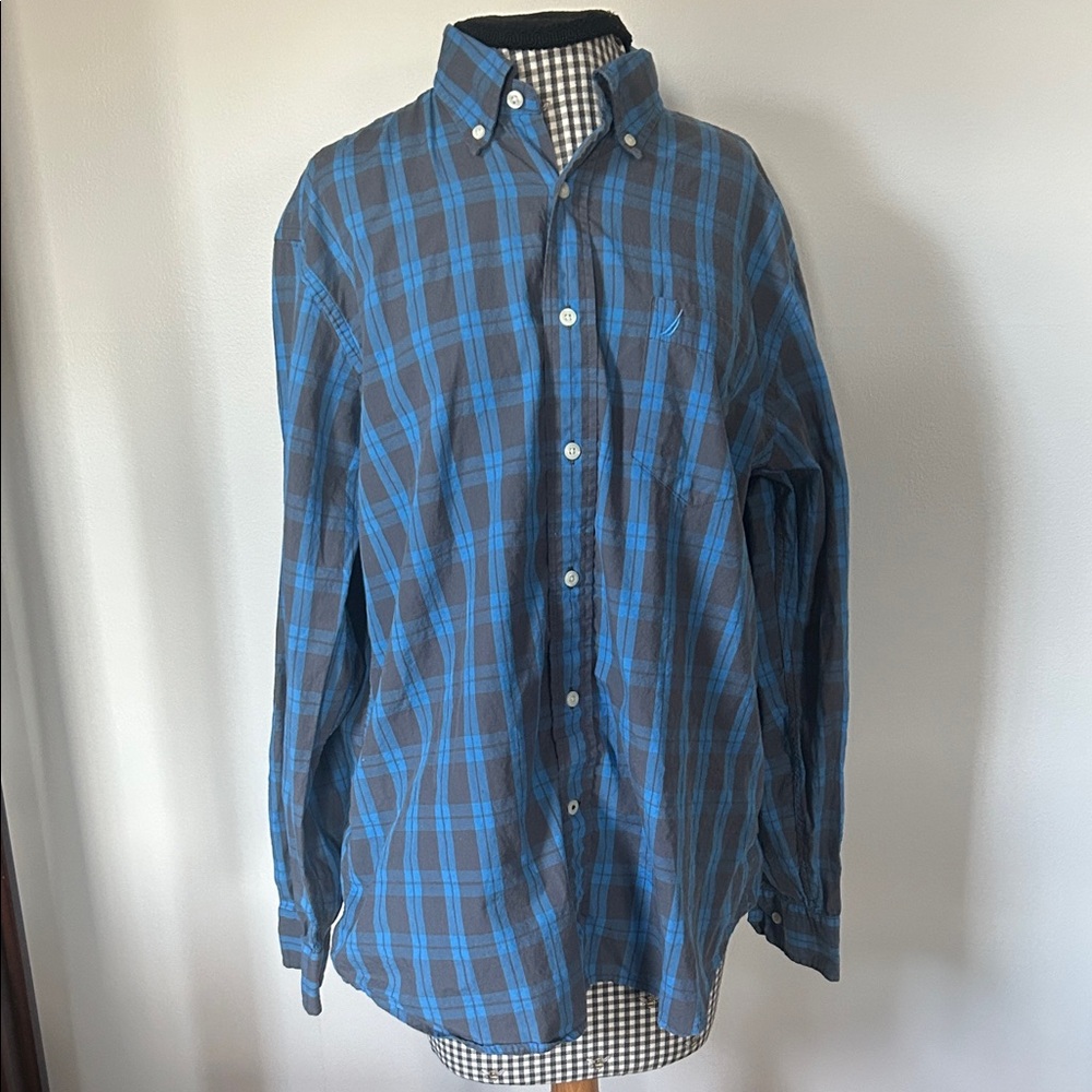 Nautica Men's Blue and Gray Plaid Shirt 100% Cotton